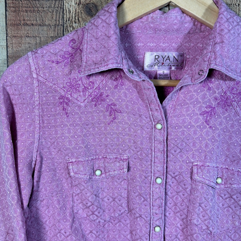 Ryan Michael Pink Silk Cotton Embroidered Western Pearl Snap Shirt Small S - Picture 3 of 11